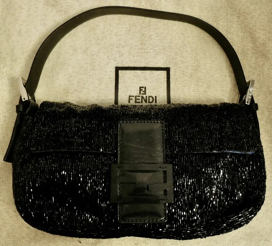 Black beaded Fendi baguette handbag.