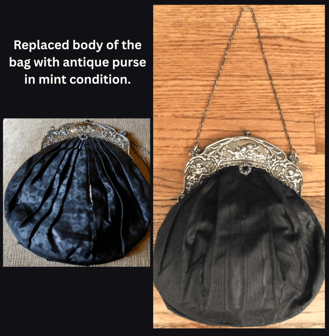 Antique purse with ornate metal frame.