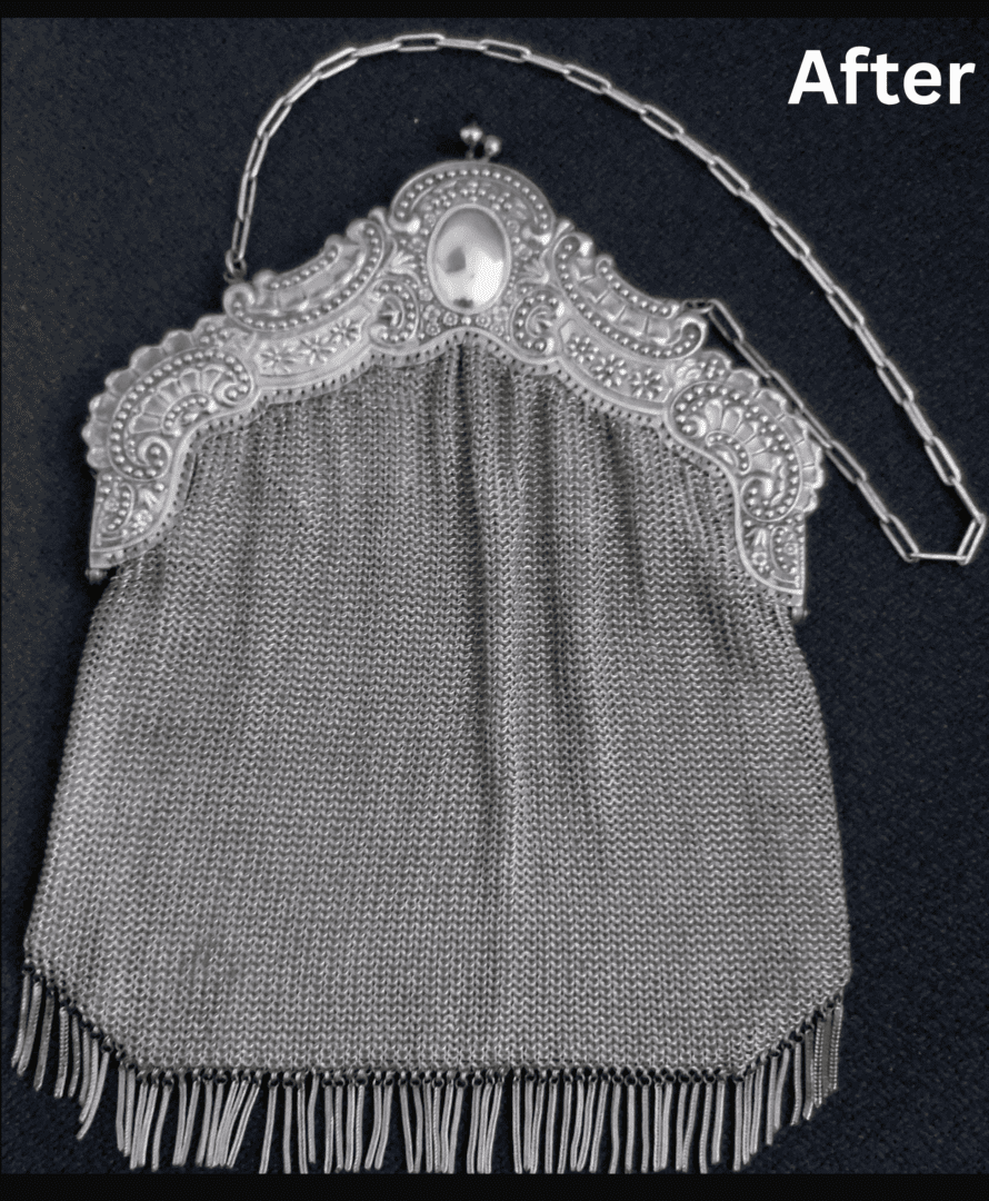 Before Vintage ornate silver purse with chain handle.